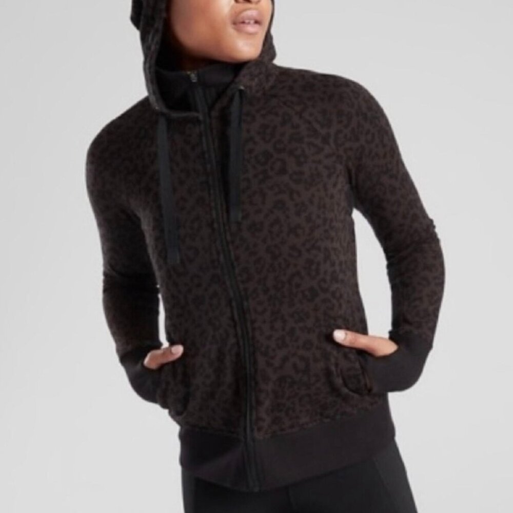NWT: Athleta Brown & Black Triumph Leopard Animal Printed Zip Up Hoodie